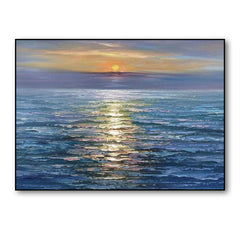 Glittering Sunset – Horizontal Textured Ocean Sunset Oil Painting for Living Room or Bedroom