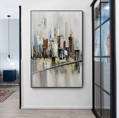 Manhattan-Abstract Cityscape Oil Painting – Textured Urban Canvas Art for Modern Decor