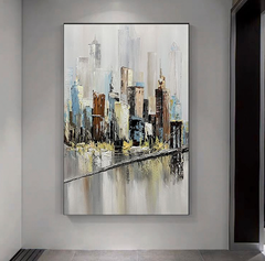 Manhattan-Abstract Cityscape Oil Painting – Textured Urban Canvas Art for Modern Decor