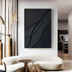 Midnight Waves – Black Minimalist Abstract Painting for Contemporary Home Decor