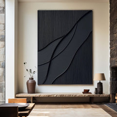 Midnight Waves – Black Minimalist Abstract Painting for Contemporary Home Decor