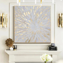 Gold Framed Square Textured Abstract Wall Art: Light Blue & Gold Burst Pattern