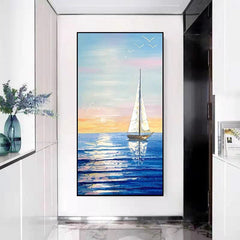 Setting Sail – Hand-Painted Textured Sailboat Oil Painting for Coastal
