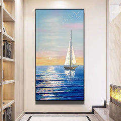 Setting Sail – Hand-Painted Textured Sailboat Oil Painting for Coastal