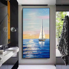 Setting Sail – Hand-Painted Textured Sailboat Oil Painting for Coastal