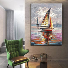 Smooth Sailing – Vertical Sailboat Oil Painting – Coastal Textured Wall Art