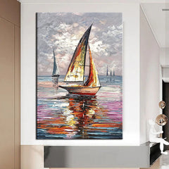 Smooth Sailing – Vertical Sailboat Oil Painting – Coastal Textured Wall Art