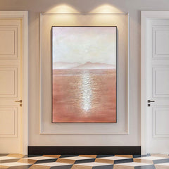 Sunbeams on the Sea – Minimalist Landscape Oil Painting: Warm Brown Tones, Calm Sea & Distant Mountains