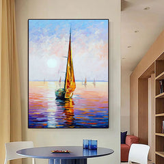 Sunset on the Sea-Sailboat Sunset Seascape Oil Painting – Nautical Art for Home Decoration