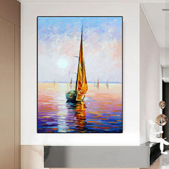 Sunset on the Sea-Sailboat Sunset Seascape Oil Painting – Nautical Art for Home Decoration