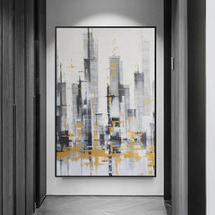 Tempo of the City-Abstract City Skyline Oil Painting with Gold Accents