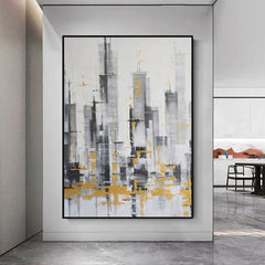 Tempo of the City-Abstract City Skyline Oil Painting with Gold Accents