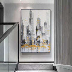Tempo of the City-Abstract City Skyline Oil Painting with Gold Accents