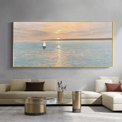 The Empty Ocean – Serene Sunset Seascape Oil Painting with Sailboat, Nautical Art for Home Decoration