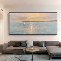 The Empty Ocean – Serene Sunset Seascape Oil Painting with Sailboat, Nautical Art for Home Decoration