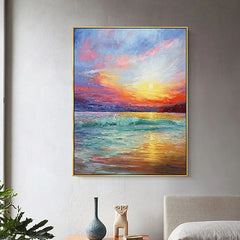 The Golden Hour – Vibrant Sunset Ocean Wave Oil Painting, Seascape Art for Home Decoration