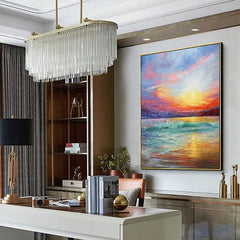 The Golden Hour – Vibrant Sunset Ocean Wave Oil Painting, Seascape Art for Home Decoration