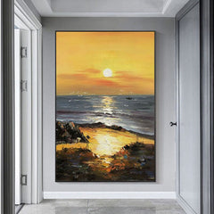 Golden Sunset – Vertical Textured Coastal Oil Painting for Modern Interiors