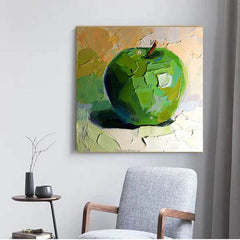 The Green Apple – Textured Oil Painting, Abstract Fruit Wall Art, Vibrant Kitchen Decor