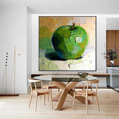 The Green Apple – Textured Oil Painting, Abstract Fruit Wall Art, Vibrant Kitchen Decor