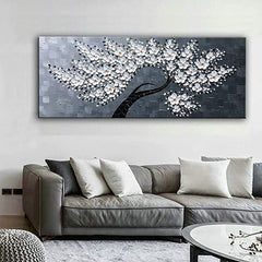 The Magnolia Tree-White Flower Tree Oil Painting – Textured Floral Wall Art for Living Room