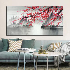 The Promised Land – Red Blossom Ink Landscape Painting – Chinese-Inspired Wall Art