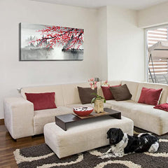 The Promised Land – Red Blossom Ink Landscape Painting – Chinese-Inspired Wall Art