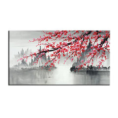 The Promised Land – Red Blossom Ink Landscape Painting – Chinese-Inspired Wall Art