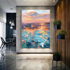 The Sea of Romance – Abstract Sunset Seascape Oil Painting, Vibrant Coastal Art for Home Decoration