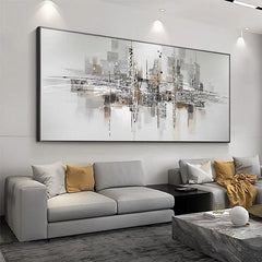 Urban Reflection-Abstract Cityscape Painting – Modern Skyline Wall Art on Panoramic Canvas