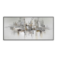 Urban Reflection-Abstract Cityscape Painting – Modern Skyline Wall Art on Panoramic Canvas