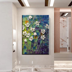 White Flowers on Blue – Textured Impasto Oil Painting, Abstract White Floral Art for Home Wall Decor
