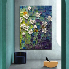 White Flowers on Blue – Textured Impasto Oil Painting, Abstract White Floral Art for Home Wall Decor