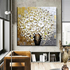 White Lily Vase – 3D Textured White Flower Bouquet Oil Painting, Modern Floral Wall Art