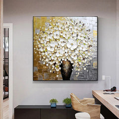 White Lily Vase – 3D Textured White Flower Bouquet Oil Painting, Modern Floral Wall Art