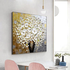 White Lily Vase – 3D Textured White Flower Bouquet Oil Painting, Modern Floral Wall Art