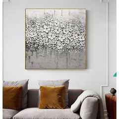 Winter Blossom – 3D Textured Black and White Floral Oil Painting, Modern Wall Art for Home Decoration