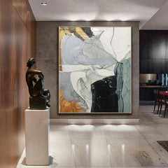 Wisdom – Contrast and Serenity: Modern Abstract Oil Painting in Black, Gray, White