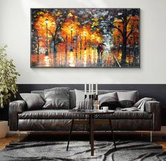 Autumn-Impressionist Rainy Night Street Oil Painting – Couple with Umbrella & Warm Lights Wall Art