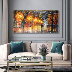 Autumn-Impressionist Rainy Night Street Oil Painting – Couple with Umbrella & Warm Lights Wall Art