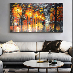 Autumn-Impressionist Rainy Night Street Oil Painting – Couple with Umbrella & Warm Lights Wall Art