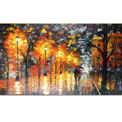 Autumn-Impressionist Rainy Night Street Oil Painting – Couple with Umbrella & Warm Lights Wall Art