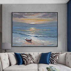 Castaway – Tranquil Beach Sunset Oil Painting: Nautical Small Boat Coastal Wall Art