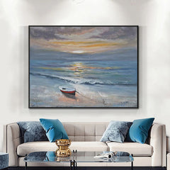 Castaway – Tranquil Beach Sunset Oil Painting: Nautical Small Boat Coastal Wall Art