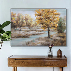 Creek-Autumn River Landscape Oil Painting with Golden Trees – Serene Nature Wall Art for Home Decor