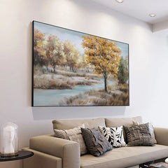 Creek-Autumn River Landscape Oil Painting with Golden Trees – Serene Nature Wall Art for Home Decor