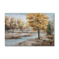 Creek-Autumn River Landscape Oil Painting with Golden Trees – Serene Nature Wall Art for Home Decor