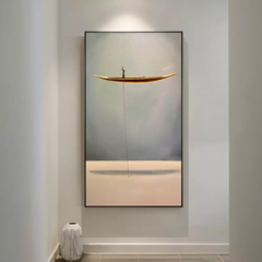 Distance – Minimalist Abstract Art of Golden Boat Painting for Tranquil Home Decor