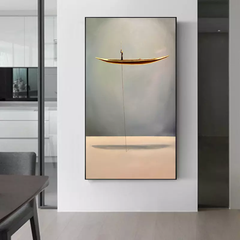 Distance – Minimalist Abstract Art of Golden Boat Painting for Tranquil Home Decor