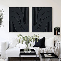 Dual Flow Elegance-Minimalist Black Abstract Diptych Painting – Modern Textured Wall Art